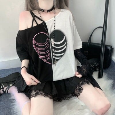 Black and white splicing love subculture punk loose strapless sexy short-sleeved t-shirt