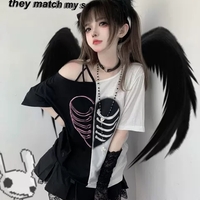 Black and white splicing love subculture punk loose strapless sexy short-sleeved T-shirt - Thumbnail 3