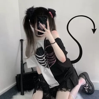 Black and white splicing love subculture punk loose strapless sexy short-sleeved T-shirt - Thumbnail 4