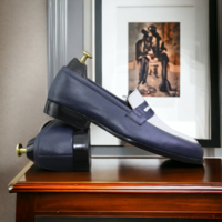 Men's Penny Loafer New Stylish Blue and White Colour Genuine Leather Shoes - Thumbnail 1