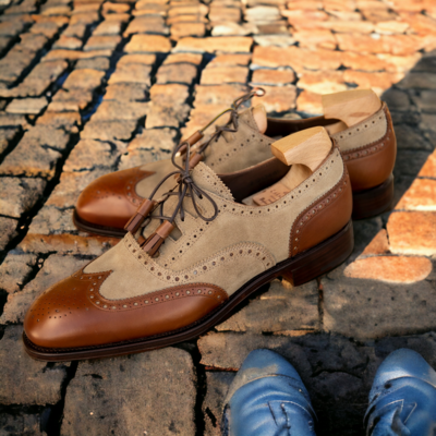Bespoke hand stitched two tone color leather suede wing tip and brogue toe men's designer classic shoes