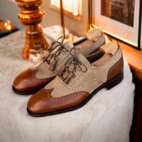 Bespoke Hand Stitched Two Tone Color Leather Suede Wing Tip and Brogue Toe Men's Designer Classic Shoes - Thumbnail 1