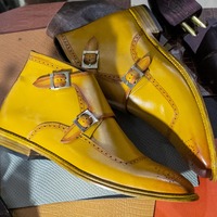 Men's Half Ankle Two Shaded Colour Double Buckle Style Pure Handmade Leather Brogue Toe Boots - Thumbnail 1