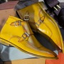 Men's Half Ankle Two Shaded Colour Double Buckle Style Pure Handmade Leather Brogue Toe Boots-1