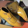 Men's Half Ankle Two Shaded Colour Double Buckle Style Pure Handmade Leather Brogue Toe Boots-2