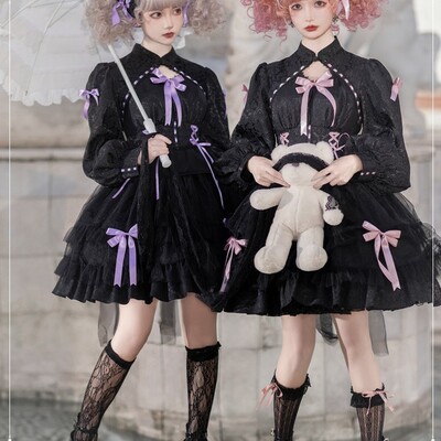 Egl black purple & white pink bow lace gothic princess dress