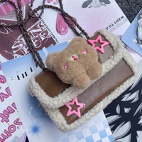 Y2K Teddy Bear Plush Star PU Brown Leather Messenger Handbag Bag - Thumbnail 1