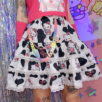 Y2K Harajuku Black White Cow Pattern Kitty Punk Rock Girl Gathered Elastic Short Mini Skirt - Thumbnail 7