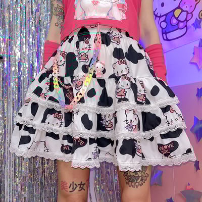 Y2k harajuku black white cow pattern kitty punk rock girl gathered elastic short mini skirt