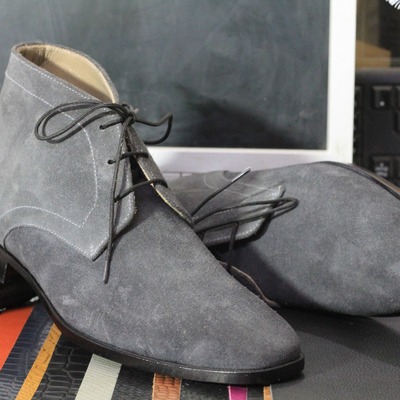 Men's bespoke gray color chukka lace up ankle suede boots - Thumbnail 1