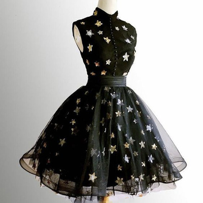 Black tulle short prom dress with stars - Thumbnail 1