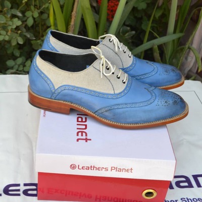 Bespoke Handmade Classic men Blue and Suede Leather Wingtip Oxford Dress Shoes