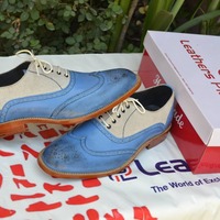 Bespoke Handmade Classic men Blue and Suede Leather Wingtip Oxford Dress Shoes - Thumbnail 2