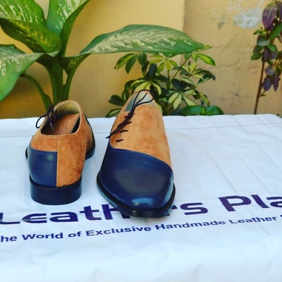 Unique handmade blue and brown suede leather classic lace up formal oxford dress shoes - Thumbnail 5