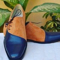 Unique Handmade Blue and Brown Suede Leather Classic Lace up Formal Oxford Dress Shoes - Thumbnail 2