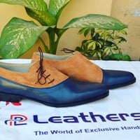 Unique Handmade Blue and Brown Suede Leather Classic Lace up Formal Oxford Dress Shoes - Thumbnail 3