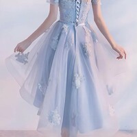 SP1267,Light Blue Off the Shoulder Lace Homecoming Dresses,Short High Low Prom Hoco Dress - Thumbnail 2
