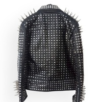 Handmade Men's Spiked Studded Waist Belted Men's Leather Punk Style Fashion Jacket - Thumbnail 2