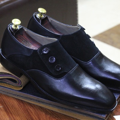 New pure leather suede button top black color men's handmade loafer shoes