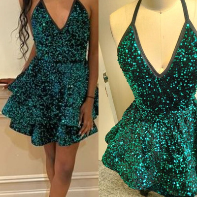 Halter dark green homecoming dresses sequins - Thumbnail 1