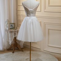 Ivory V-Neck Lace Knee Length Prom Dress - Thumbnail 4