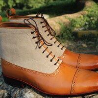 Bespoke Handmade Beige Suede Tan Leather Ankle High Lace up Boot - Thumbnail 1