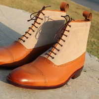 Bespoke Handmade Beige Suede Tan Leather Ankle High Lace up Boot - Thumbnail 2