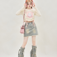 Galaxy Rabbit Bunny Black White Pink Y2K Cute Long Sleeve T Shirts Top - Thumbnail 7