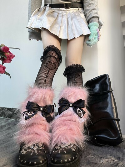 Y2K Pastel Goth Punk Bow Lace Pink Knitted Leg Warmer Socks Two Piece Set