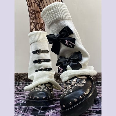 Y2k classic pink black bow knitted white leg warmer