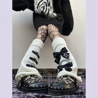 Y2K Classic Pink Black Bow Knitted White Leg Warmer - Thumbnail 5