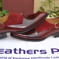Crafted Leather Classic Men Handmade Burgundy Calf and Suede Leather Single Monk Strap Dress Shoes - Thumbnail 1