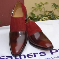 Crafted Leather Classic Men Handmade Burgundy Calf and Suede Leather Single Monk Strap Dress Shoes - Thumbnail 3