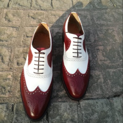 Bespoke handmade maroon white leather oxford dress wingtip shoes - Thumbnail 4