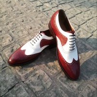 Bespoke Handmade Maroon White Leather Oxford Dress Wingtip Shoes - Thumbnail 2