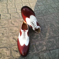 Bespoke Handmade Maroon White Leather Oxford Dress Wingtip Shoes - Thumbnail 3