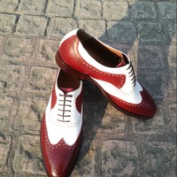 Bespoke Handmade Maroon White Leather Oxford Dress Wingtip Shoes - Thumbnail 5