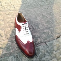 Bespoke Handmade Maroon White Leather Oxford Dress Wingtip Shoes - Thumbnail 6