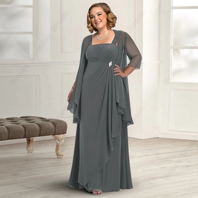 Plus Size Grey Mother of Bride/Groom Dresses for Women Chiffon Three Quarter Wedding Party Gowns for Formal Occasioon 2023 Summer