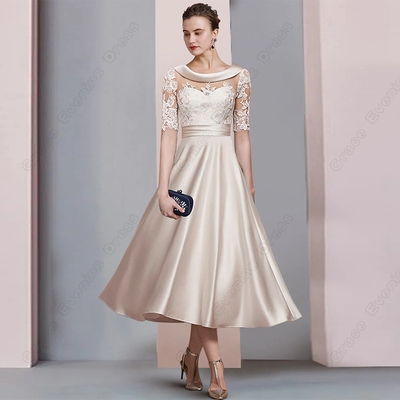 Champagne Half Sleeve Mother of Bride /Groom Dresses for Formal Party 2023 Summer A Line Ankle Length Scoop Wedding Party Gown New