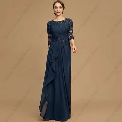 Navy Blue Three Quarter Wedding Party Gown for Women Lace Beach Chiffon Mother of Bride/ Groom Dresses Vestido De Noche 2023 Summer