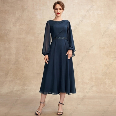 Scoop chiffon mother of bride/groom dresses for women full sleeve sequined tea length 2023 summer vestido de noche prom gowsn new