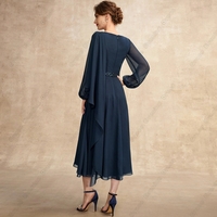 Scoop Chiffon Mother of Bride/Groom Dresses for Women Full Sleeve Sequined Tea Length 2023 Summer Vestido De Noche Prom Gowsn New - Thumbnail 2