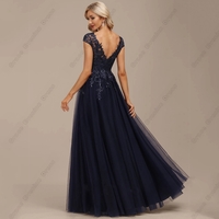 Dark Navy Strapless Mother of Bride/Groom Dresses for Women Cap Sleeve Wedding Party Gown with Lace Soft Tulle Sparkle Vestido De - Thumbnail 1