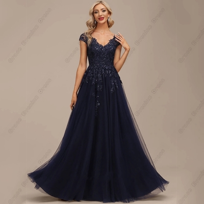 Dark navy strapless mother of bride/groom dresses for women cap sleeve wedding party gown with lace soft tulle sparkle vestido de