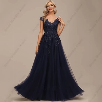 Dark Navy Strapless Mother of Bride/Groom Dresses for Women Cap Sleeve Wedding Party Gown with Lace Soft Tulle Sparkle Vestido De