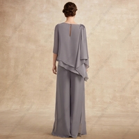 Fashion Grey Scoop Mother of Bride/Groom Dresses for Women Chiffon Wedding Party Gown Pleat Beading Vestido De Noche 2023 Summer - Thumbnail 1