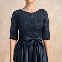 Blue Three Quarter Mother of Bride Dresses for Women Scoop Wedding Party Gown with Lace Belt Satin Vestido De Noche - Thumbnail 1