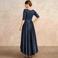 Blue Three Quarter Mother of Bride Dresses for Women Scoop Wedding Party Gown with Lace Belt Satin Vestido De Noche - Thumbnail 2