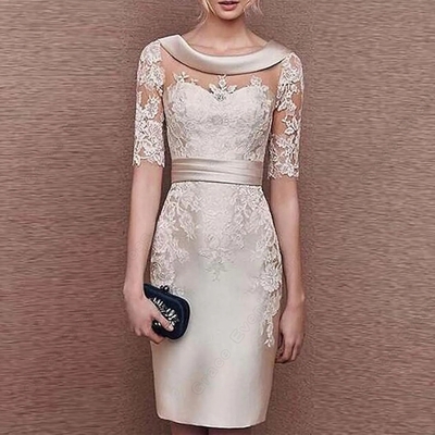 Fashion half sleeve sheath mother of bride /groom dresses for formal occasion champagne satin wedding party gown scoop 